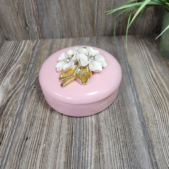 Vintage Powder or Trinket Box, Pink Ceramic Round, Flowers & Rhinestones - Picture 1 of 7